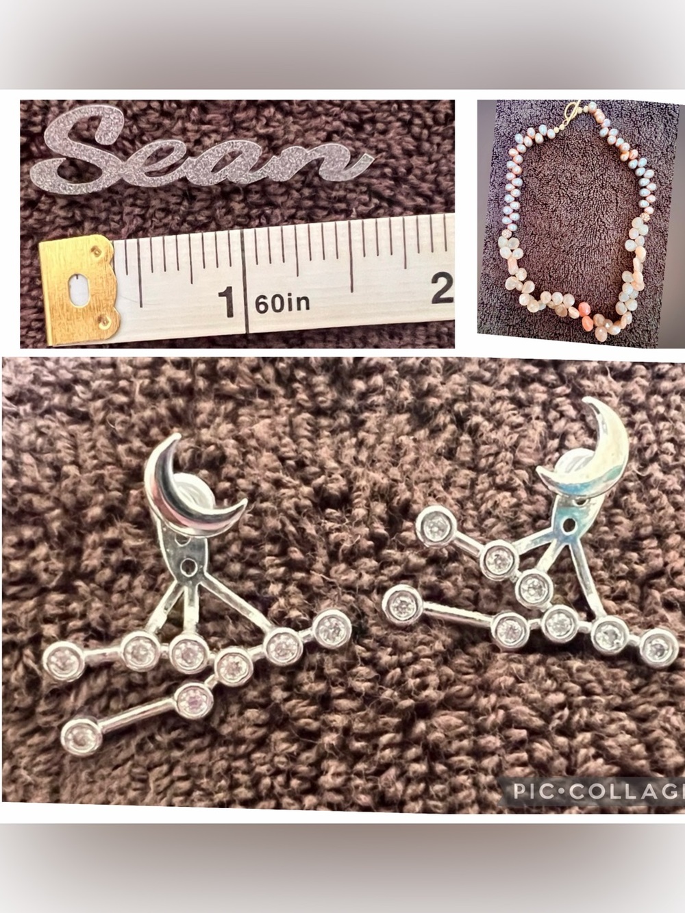 Taurus Constellation earrings, “Sean” pin & beautiful pink necklace